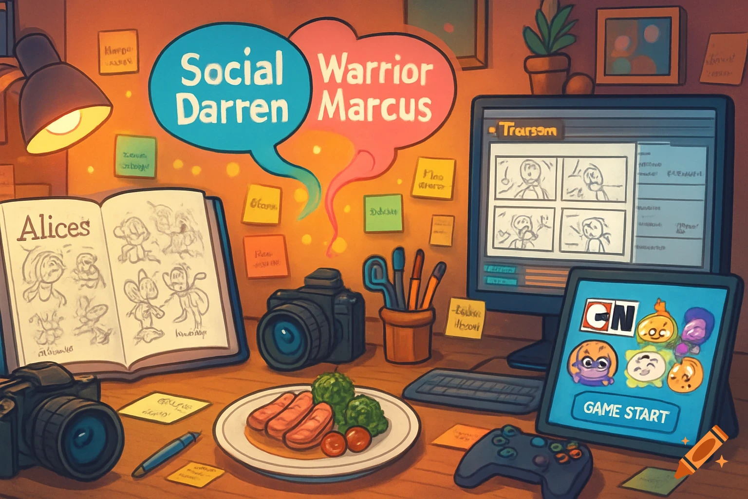 An illustration of a cartoon desk scene featuring a lamp, an open book with sketches, cameras, a plate of food, pens, a computer monitor, a tablet displaying Cartoon Network game icons and 'GAME START', and a game controller. Speech bubbles above read 'Social Darren' and 'Warrior Marcus'.