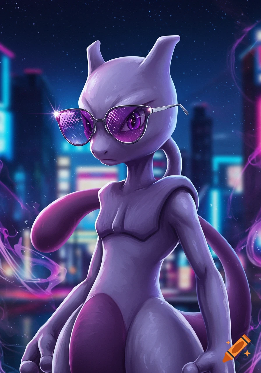 Purple Mewtwo wearing stylish purple sunglasses against a blurred neon city night background.