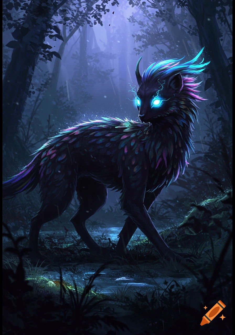 A dark fantasy creature with iridescent fur and glowing blue eyes stands in a mystical, dark forest with illuminated plants and water.