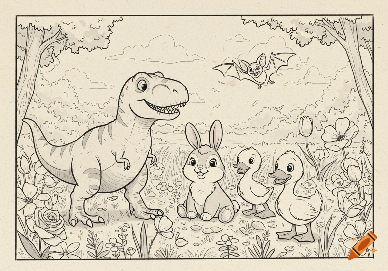 A black and white coloring page features a friendly T-Rex, a bunny, two ducklings, and a bat amidst flowers and trees.