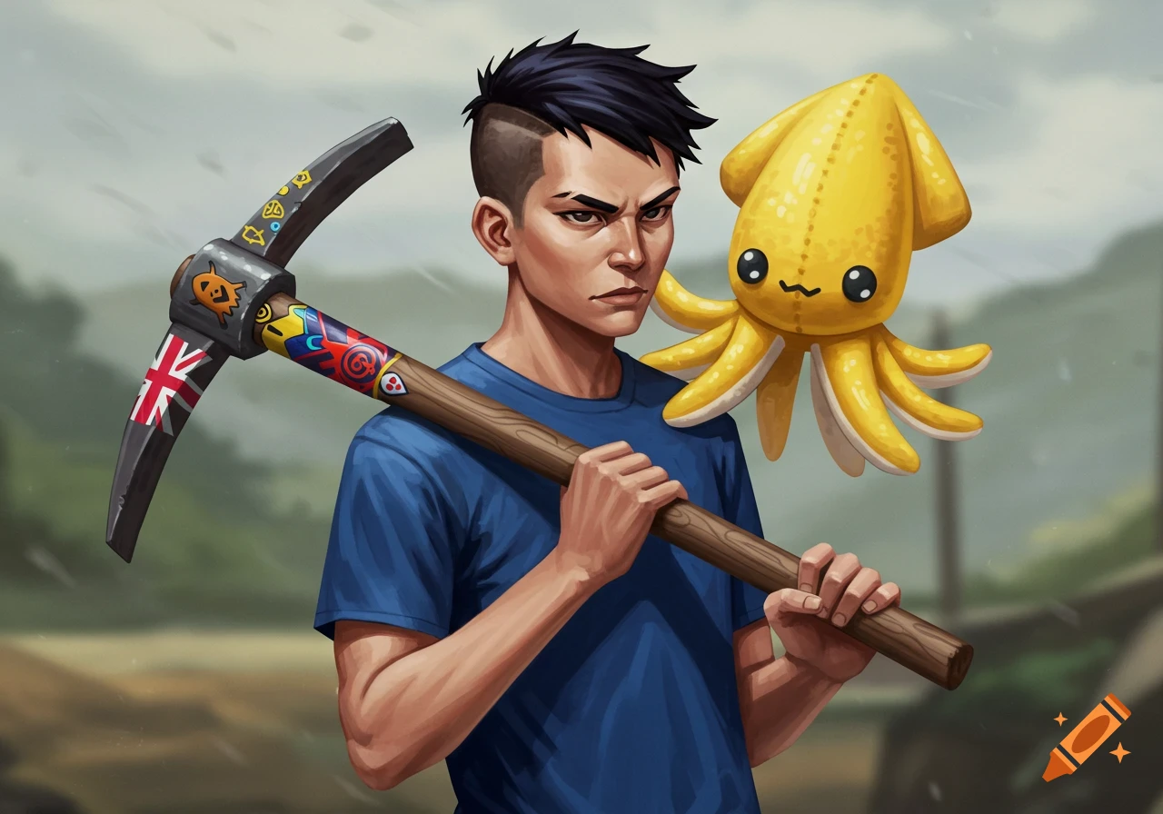 An angry-looking person with a buzz cut and blue shirt holds a pickaxe with a UK flag design, with a yellow plushie squid on their shoulder.