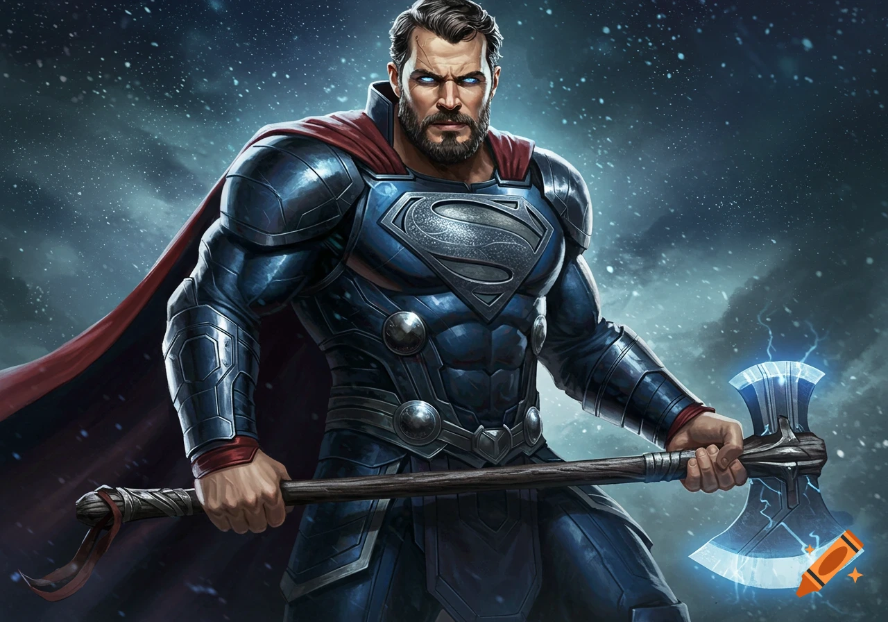 Muscular, bearded Superman in dark blue Asgardian armor and red cape, with glowing blue eyes, holding a glowing Stormbreaker axe.