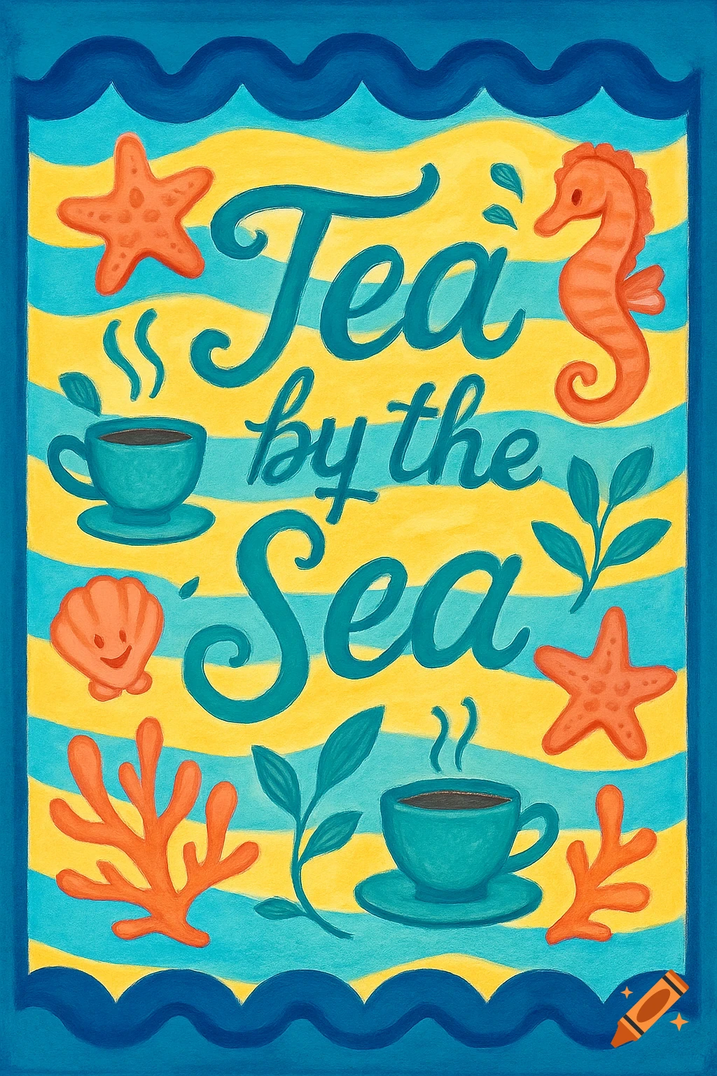 A colorful, whimsical sign for "Tea by the Sea" cafe, featuring marine life like starfish and a seahorse, and two steaming teacups.