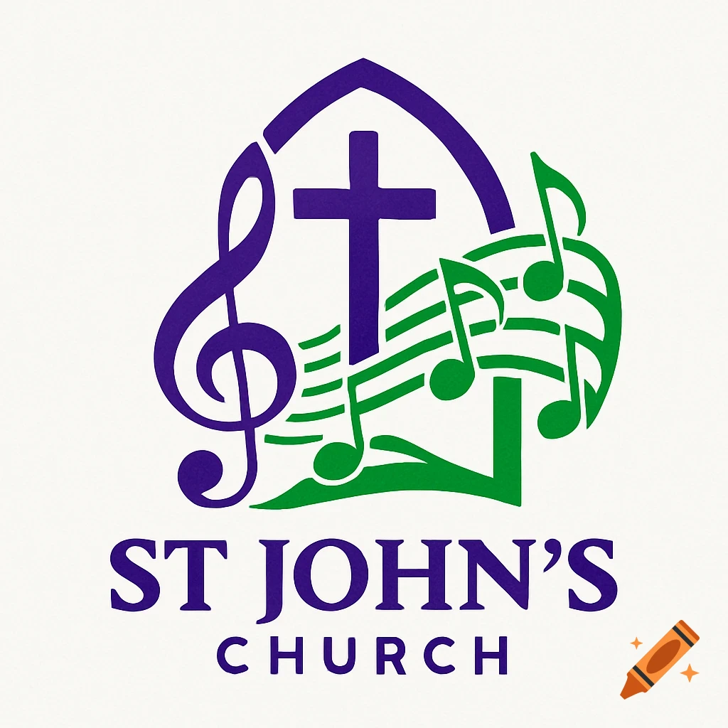 A purple and green logo featuring a cross within an arched shape, a treble clef, musical notes, and the text "ST JOHN'S CHURCH" below.
