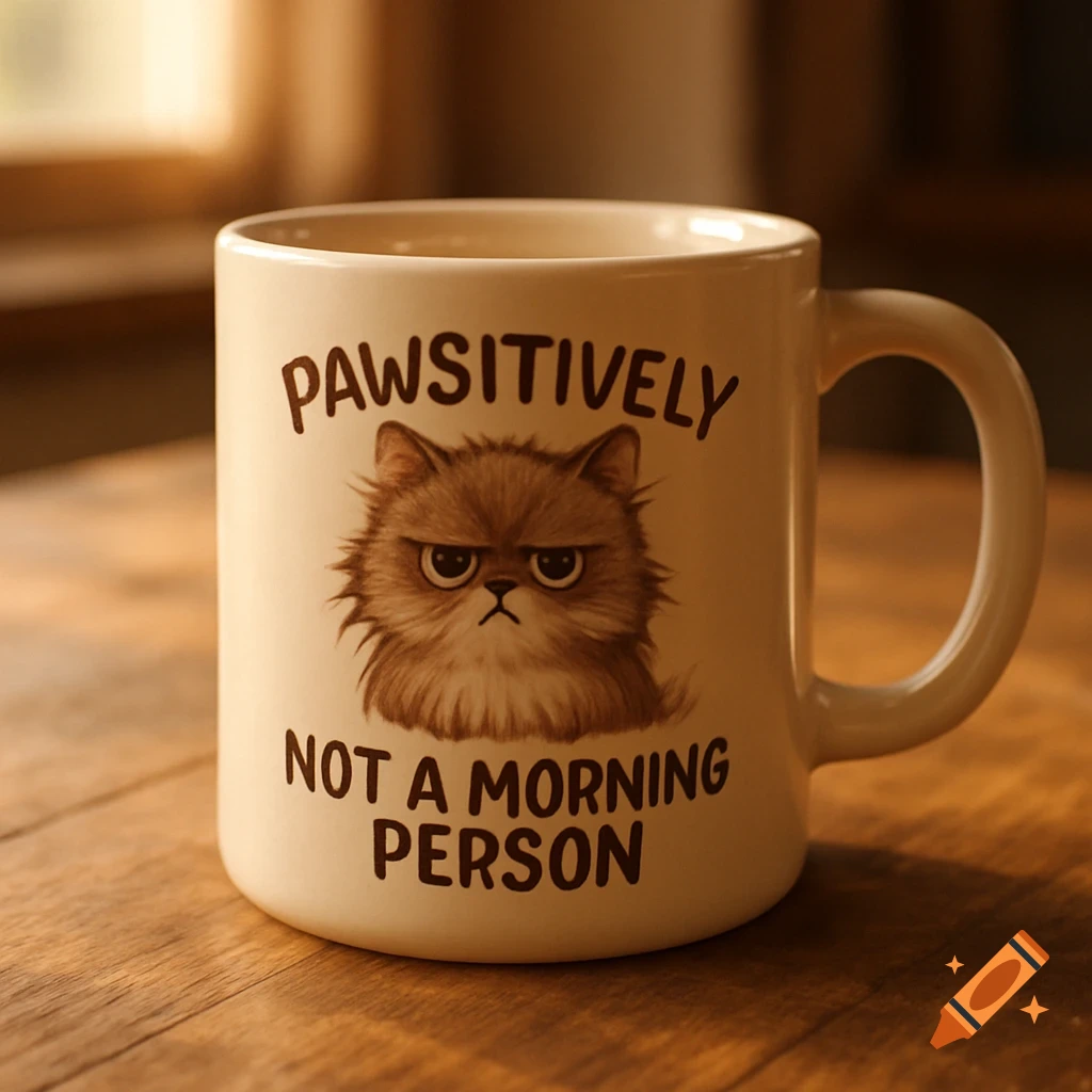 A white coffee mug featuring a grumpy cat illustration and the text 'Pawsitively Not A Morning Person' on a wooden table.