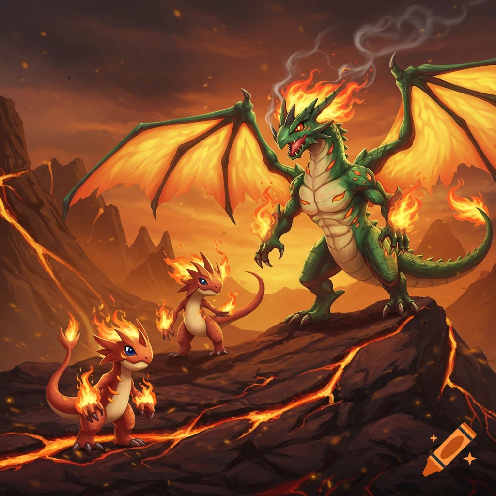 A large green dragon with fiery wings stands on a volcanic rock, looking down at two smaller, red, fiery baby dragons in a lava landscape.