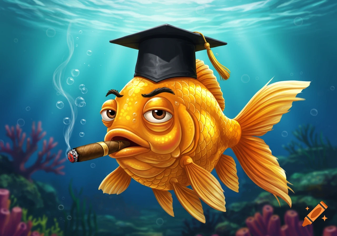 A cartoon goldfish wearing a graduation cap and smoking a lit cigar, with smoke rising and bubbles, set in a vibrant underwater scene with coral.