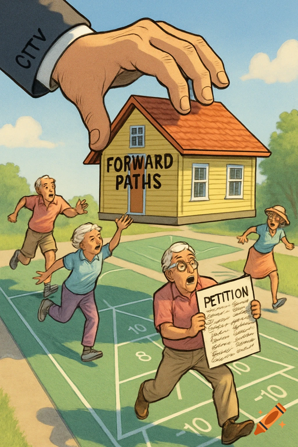 A large hand labeled "CITV" lowers a yellow house labeled "Forward Paths" onto a shuffleboard court where alarmed seniors scatter, one holding a "PETITION".