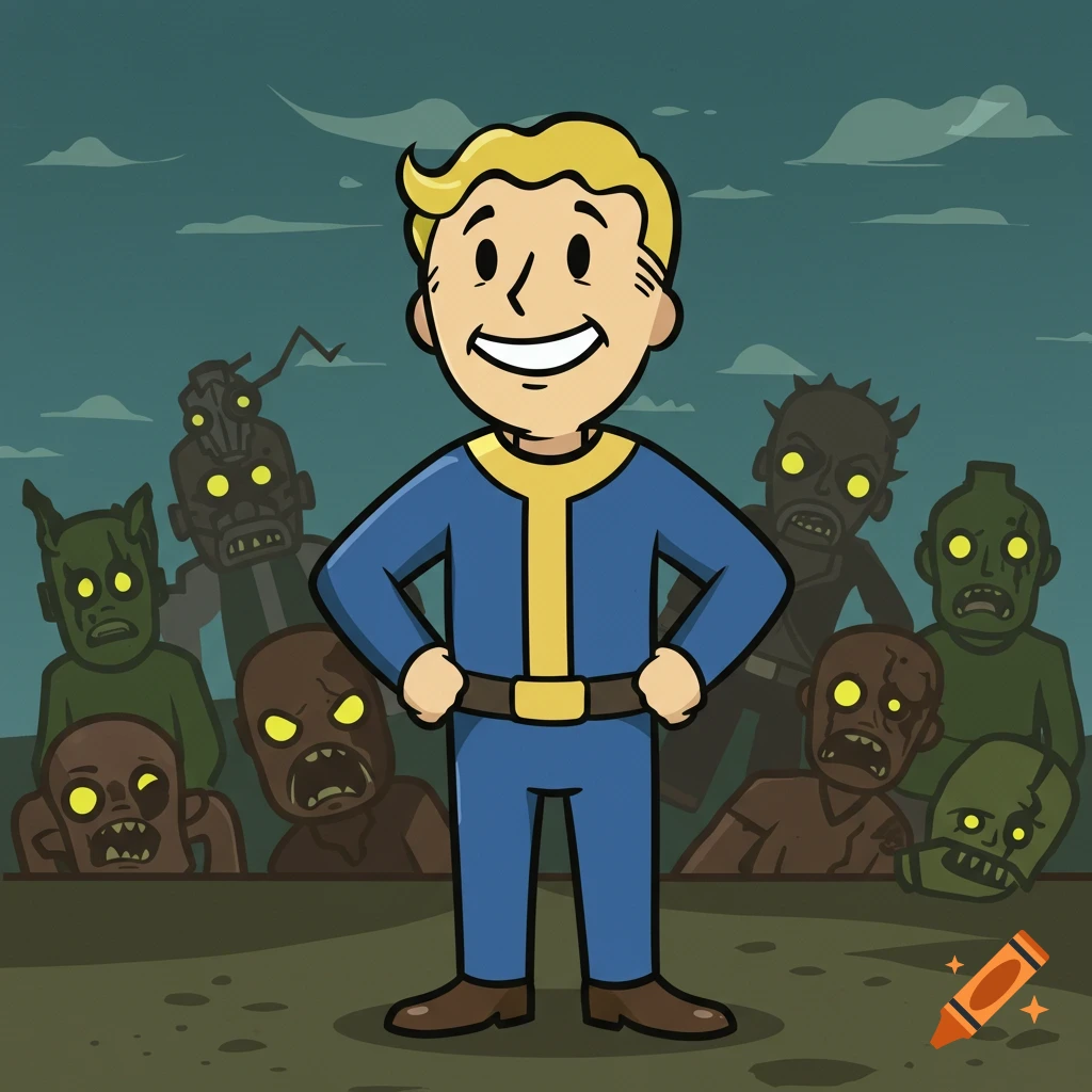 A smiling cartoon Vault Boy in a blue jumpsuit stands in front of a crowd of green and brown zombie-like creatures with glowing yellow eyes.