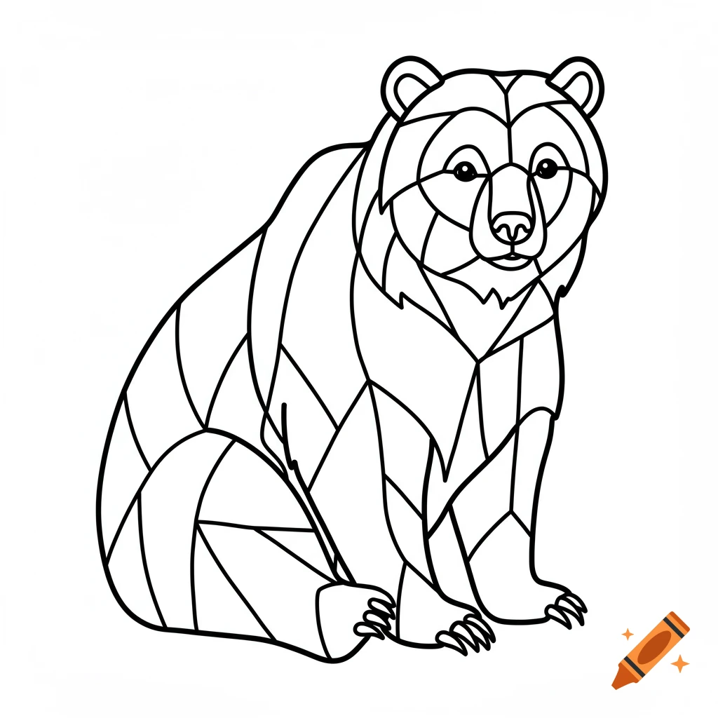 Black and white line art of a grizzly bear in a stained glass or mosaic style, suitable for a coloring book.