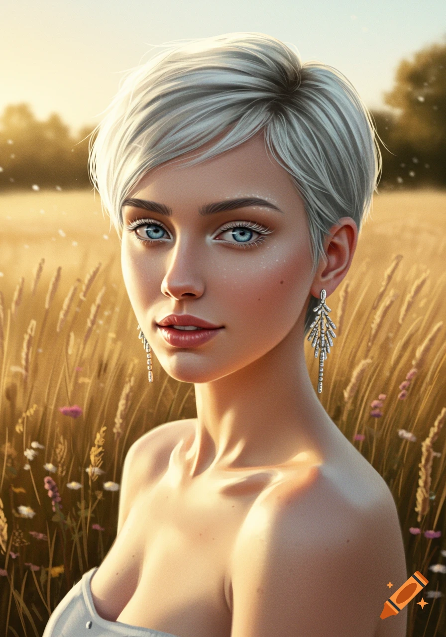 A photorealistic portrait of a woman with short white hair and blue eyes, wearing dangling earrings, standing in a golden field at sunset.