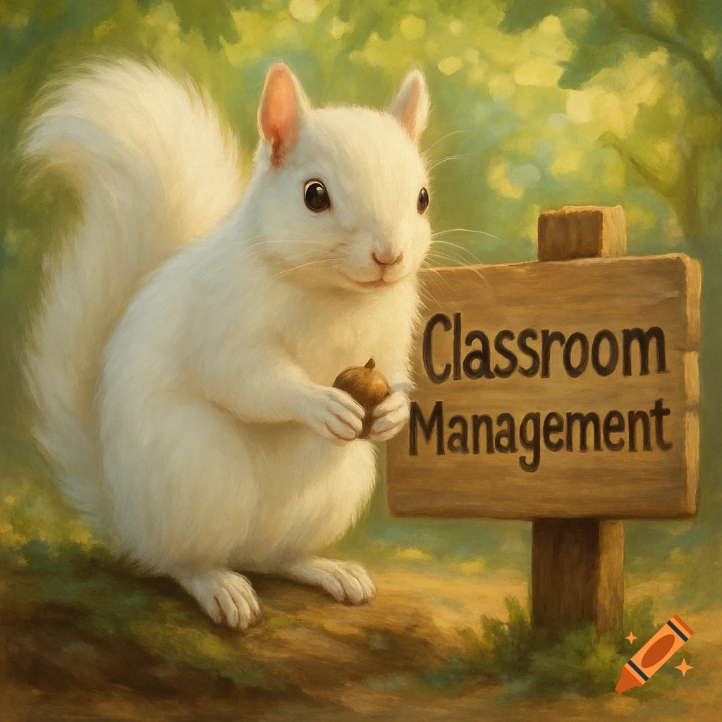 A white squirrel holding an acorn next to a wooden sign that reads "Classroom Management" in a painted style.