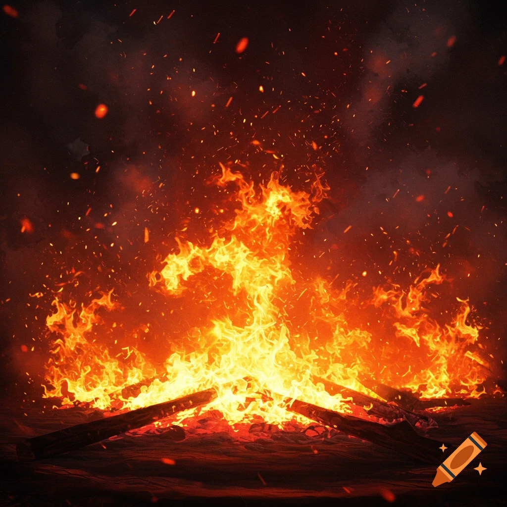 A vibrant bonfire with bright orange and yellow flames, glowing embers, and sparks rising into a smoky, dark background.