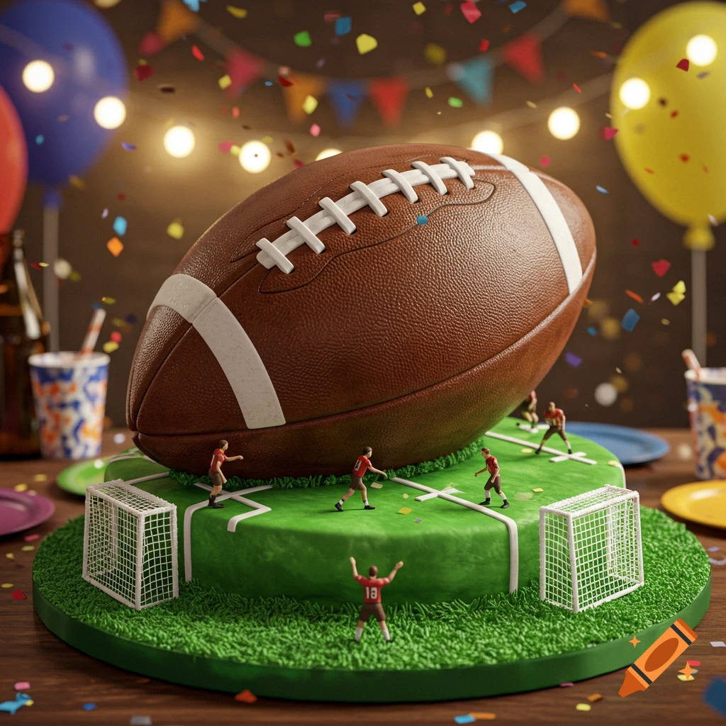A photorealistic football-themed cake featuring a large football and ...