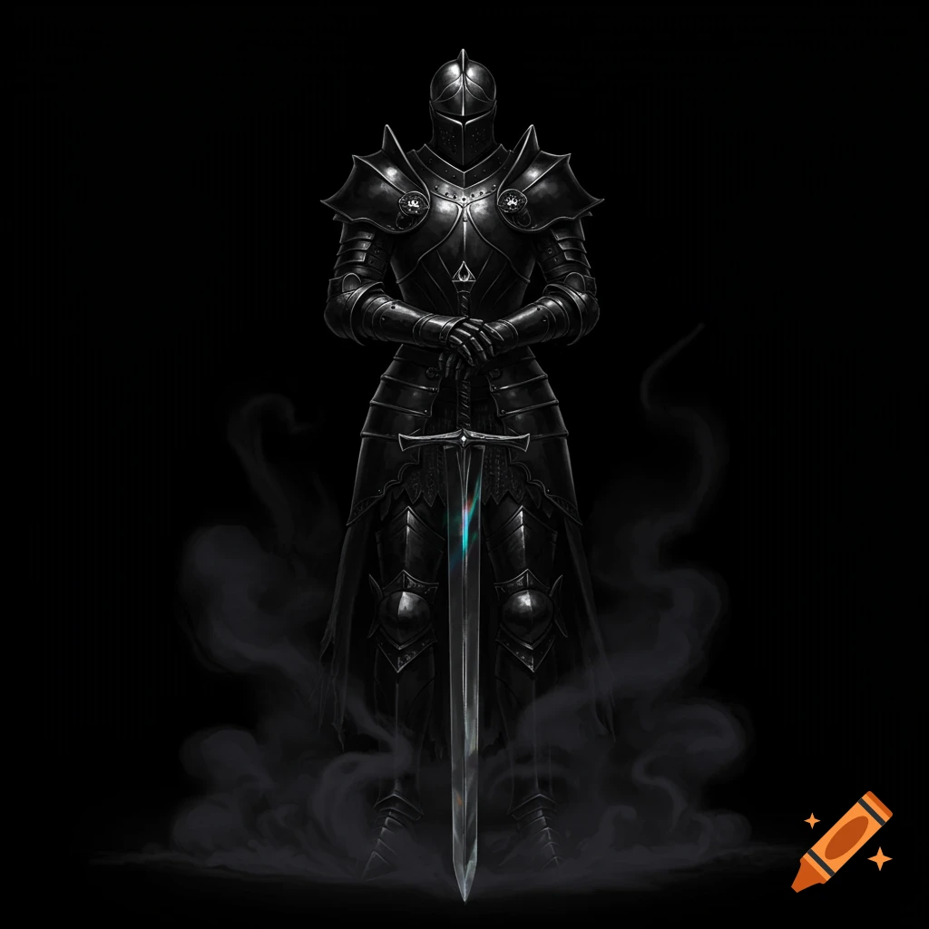 A knight in full black armor stands upright, holding a large sword, with wisps of smoke around their feet on a black background.