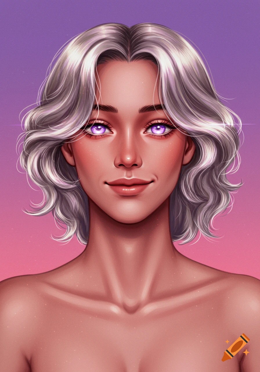 A digital illustration portrait of a person with wavy silver hair and glowing violet eyes against a lavender and pink gradient background.