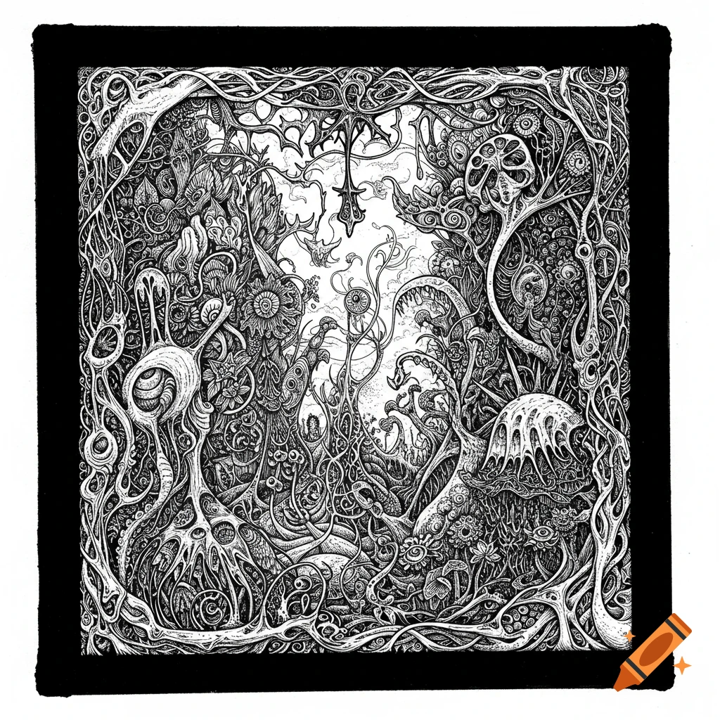 Detailed black and white ink drawing with intricate, organic shapes forming a dense, surreal landscape with a dark border.