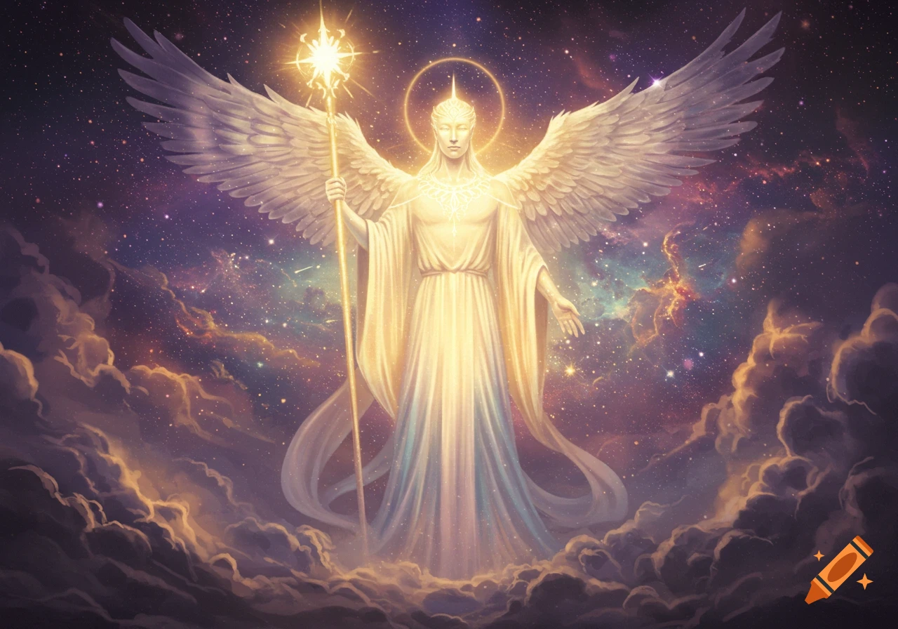 A radiant winged angelic figure holding a glowing staff stands amidst a cosmic cloudscape and starry night sky.