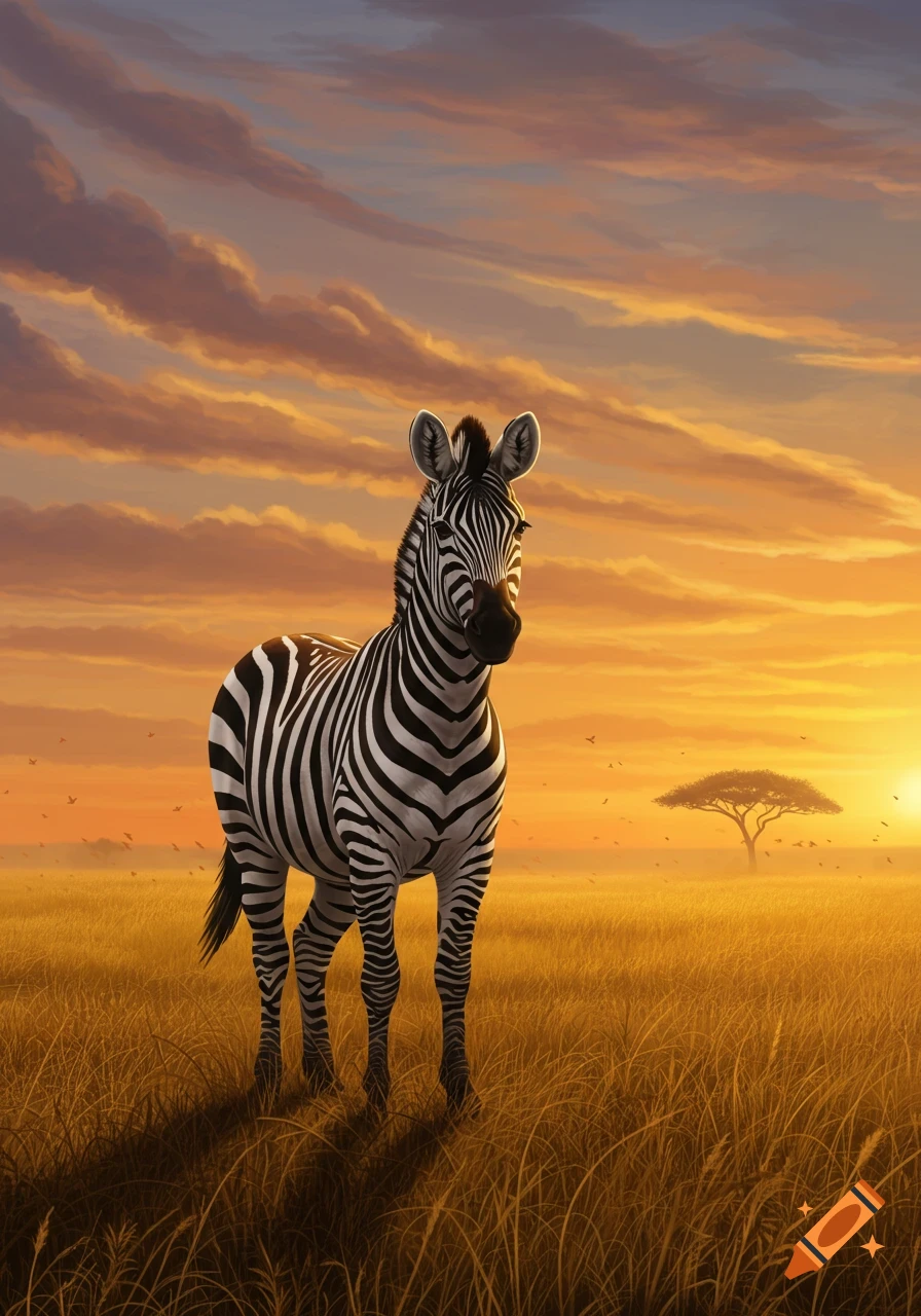 A lone zebra stands in a golden grassy savannah at sunset with a single tree in the distance.