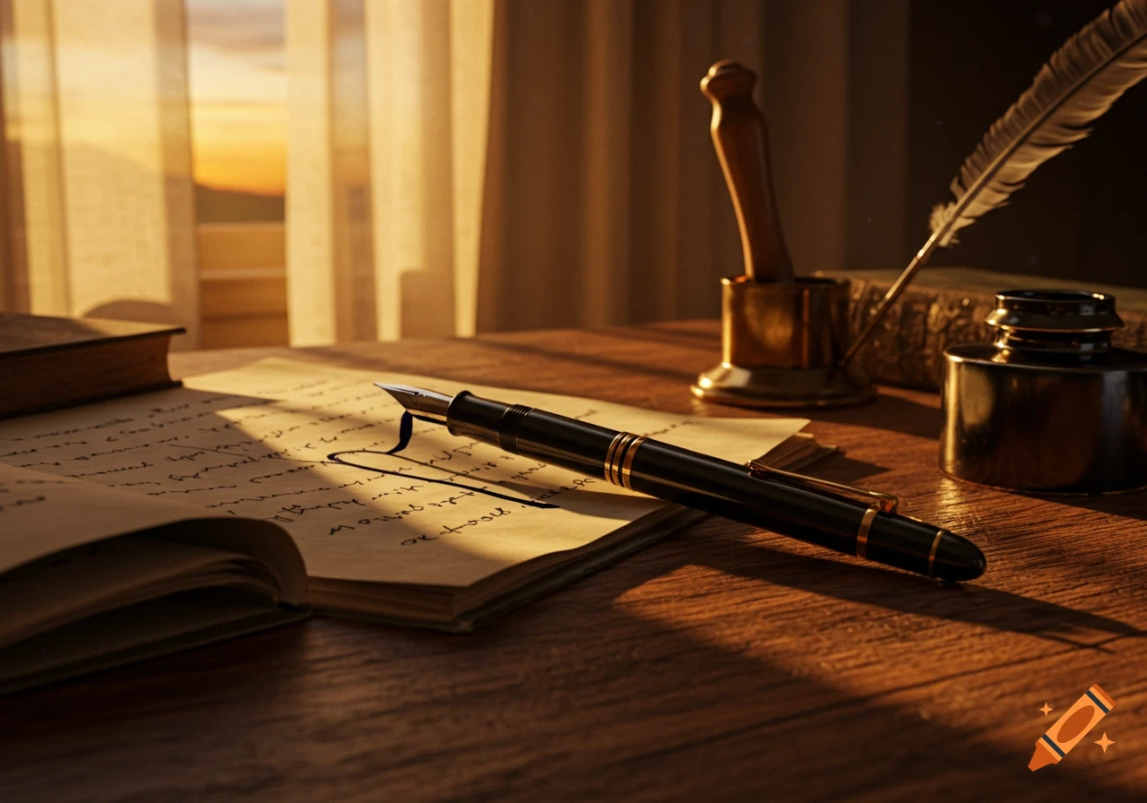 Warm-toned photorealistic image of a vintage fountain pen and open journal with illegible script on a wooden desk, illuminated by window light.