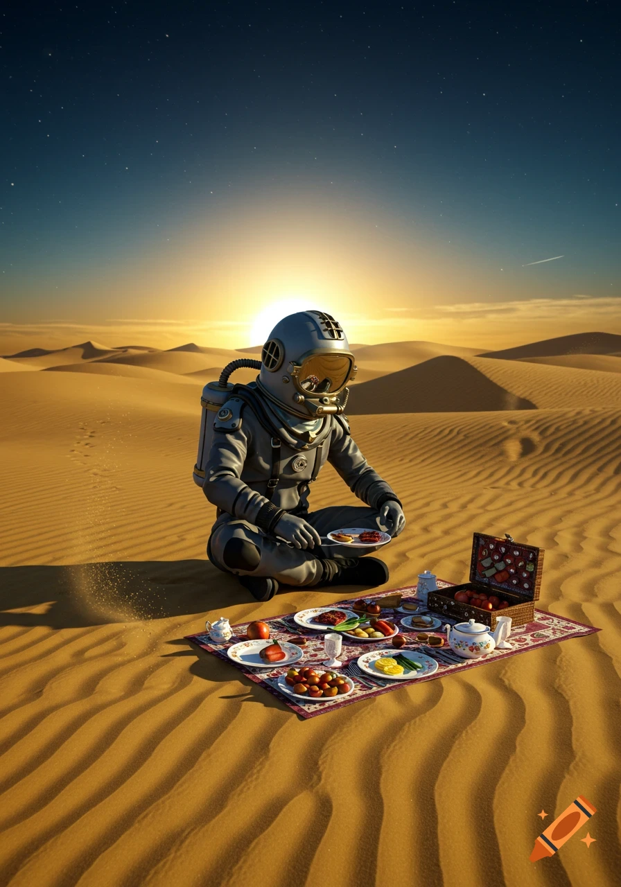 A person in an antique diving suit sits cross-legged on a patterned blanket, having a picnic on vast desert dunes at sunset.