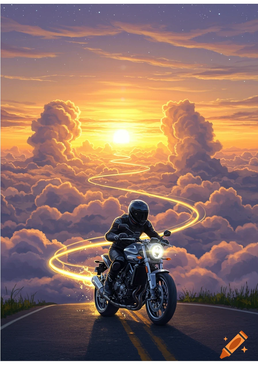 A motorcyclist rides on a winding road above the clouds towards a bright, setting sun in a fantastical digital art style.