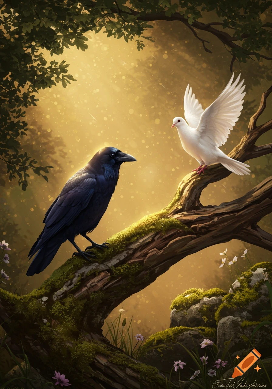 A black crow and a white dove perch on a moss-covered branch in a sunlit, golden forest.