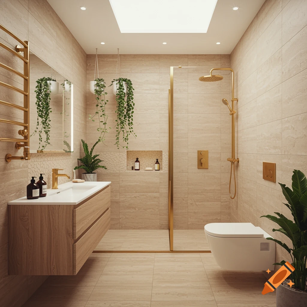 A modern bathroom with warm sandstone tiles, a wooden vanity, brushed gold fixtures, a glass shower, and green plants.