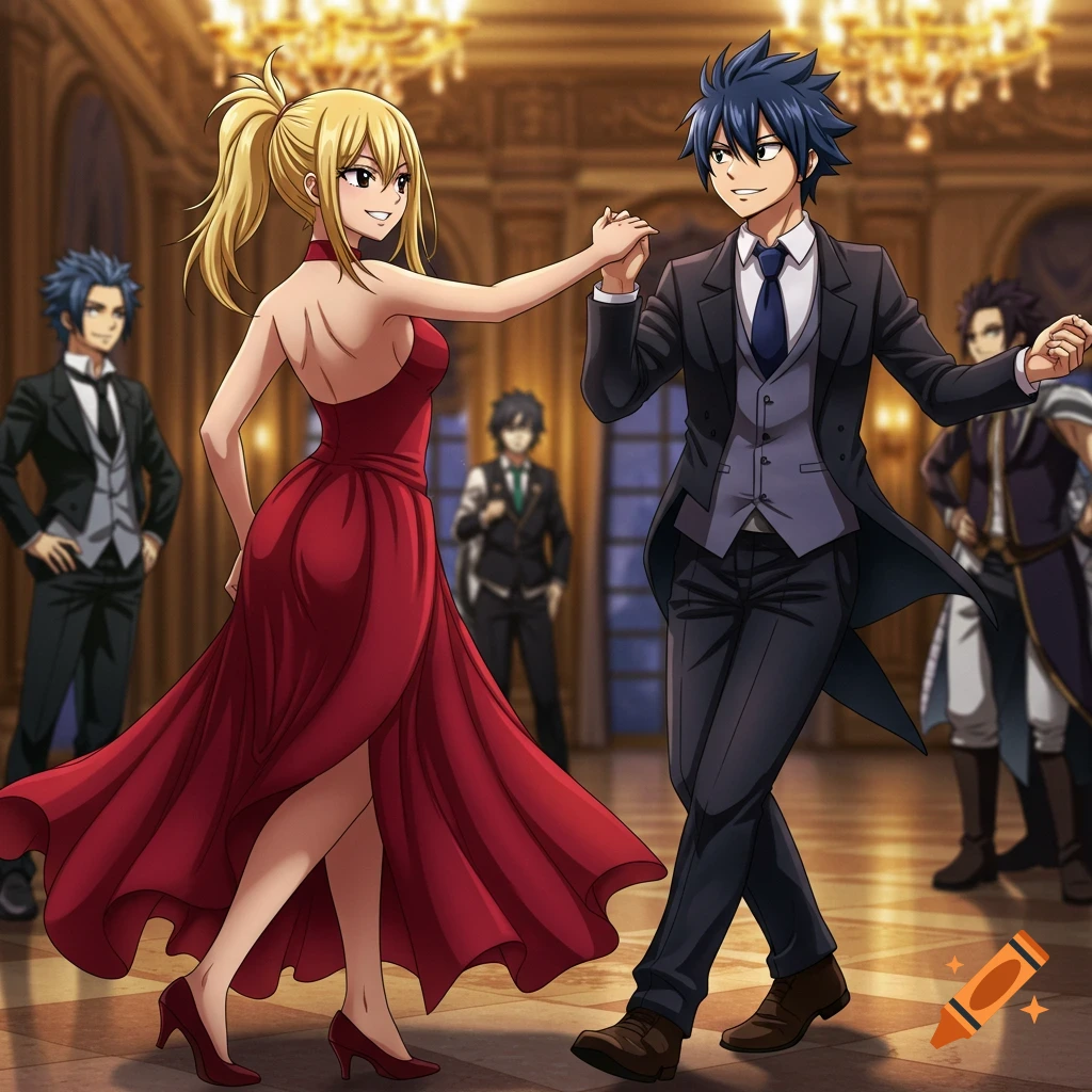 Two anime characters, a blonde woman in a red gown and a man in a black suit, dance in a grand ballroom with chandeliers. Other characters observe in the background.