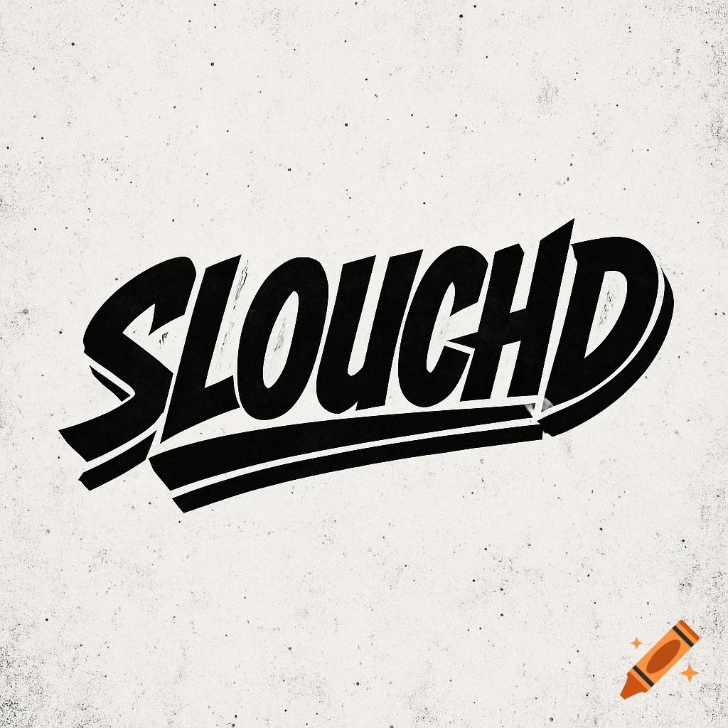 Black bold stylized text 'SLOUCHD' with a 3D effect and underline on a speckled white background, designed as a clothing brand logo.