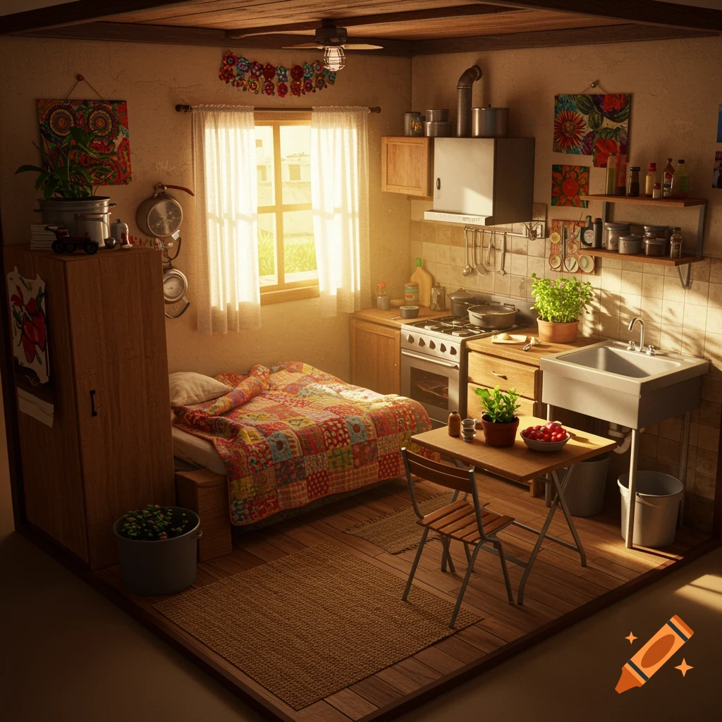 A cozy, sunlit small room combining a bedroom with a colorful quilt and a kitchen with a stove and sink.