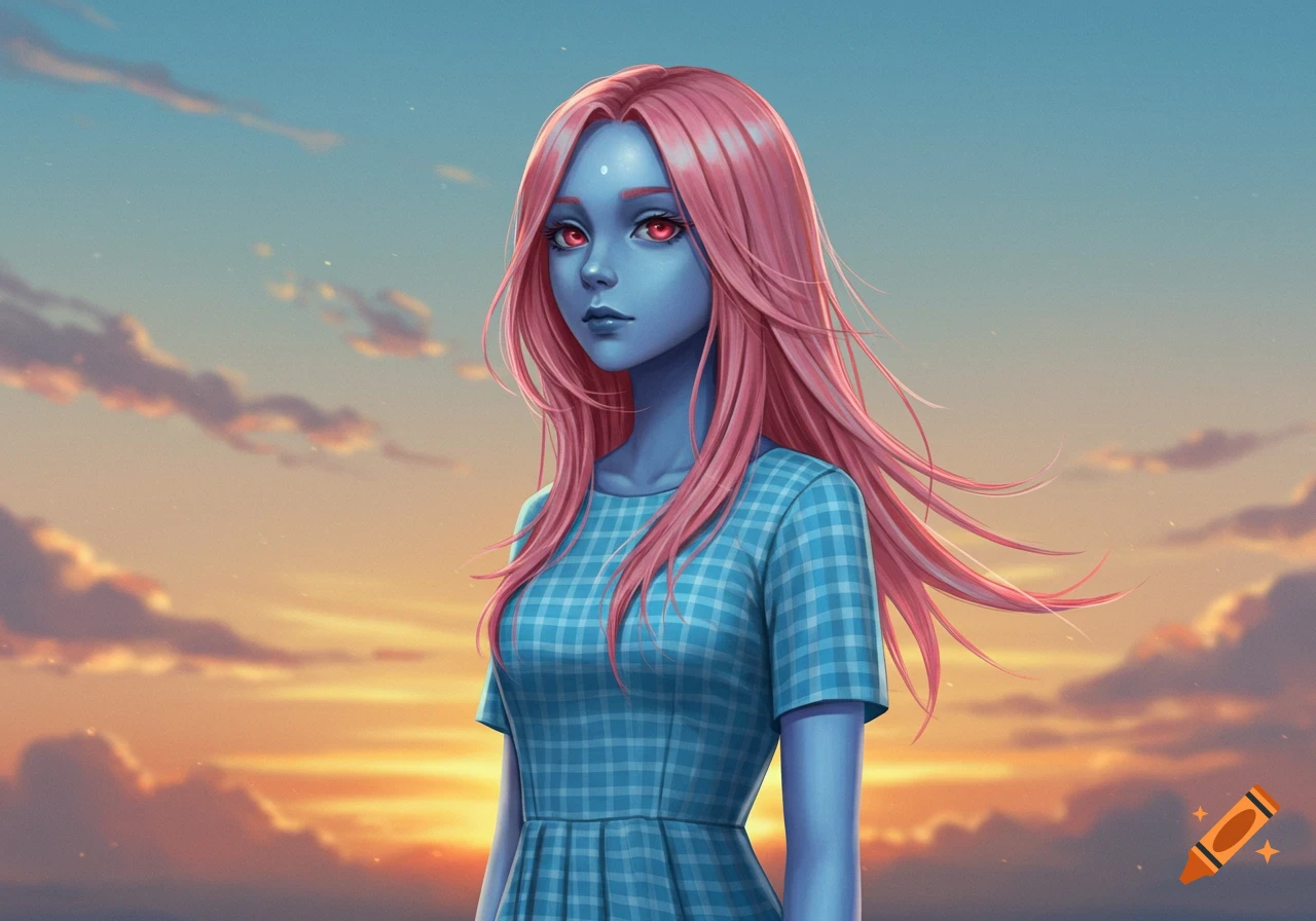 A girl with blue skin, red eyes, and long pink hair wears a blue and white checkered dress against a sunset sky.