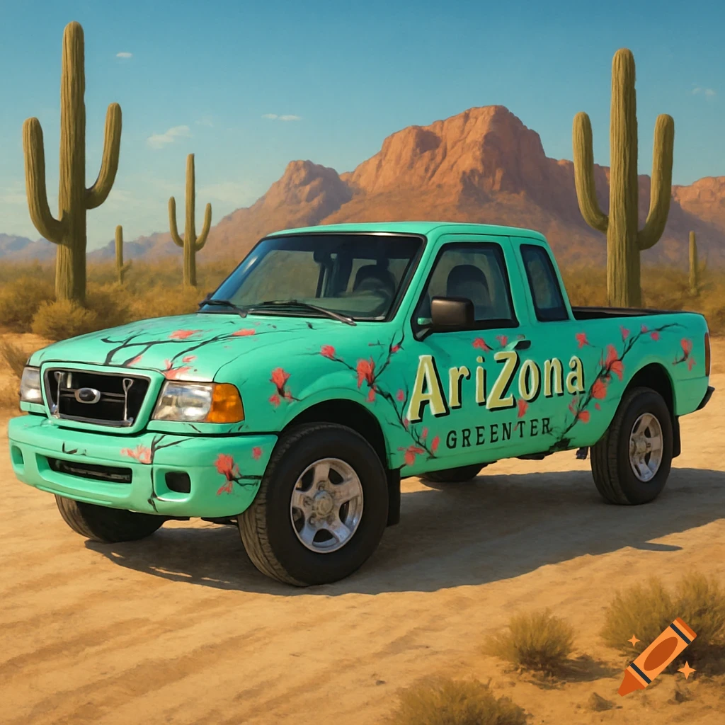 A mint green Ford Ranger pickup truck with pink peach blossom art and "AriZona GREENTER" text on its side, parked on a sandy desert road with saguaro cacti and mountains under a blue sky.