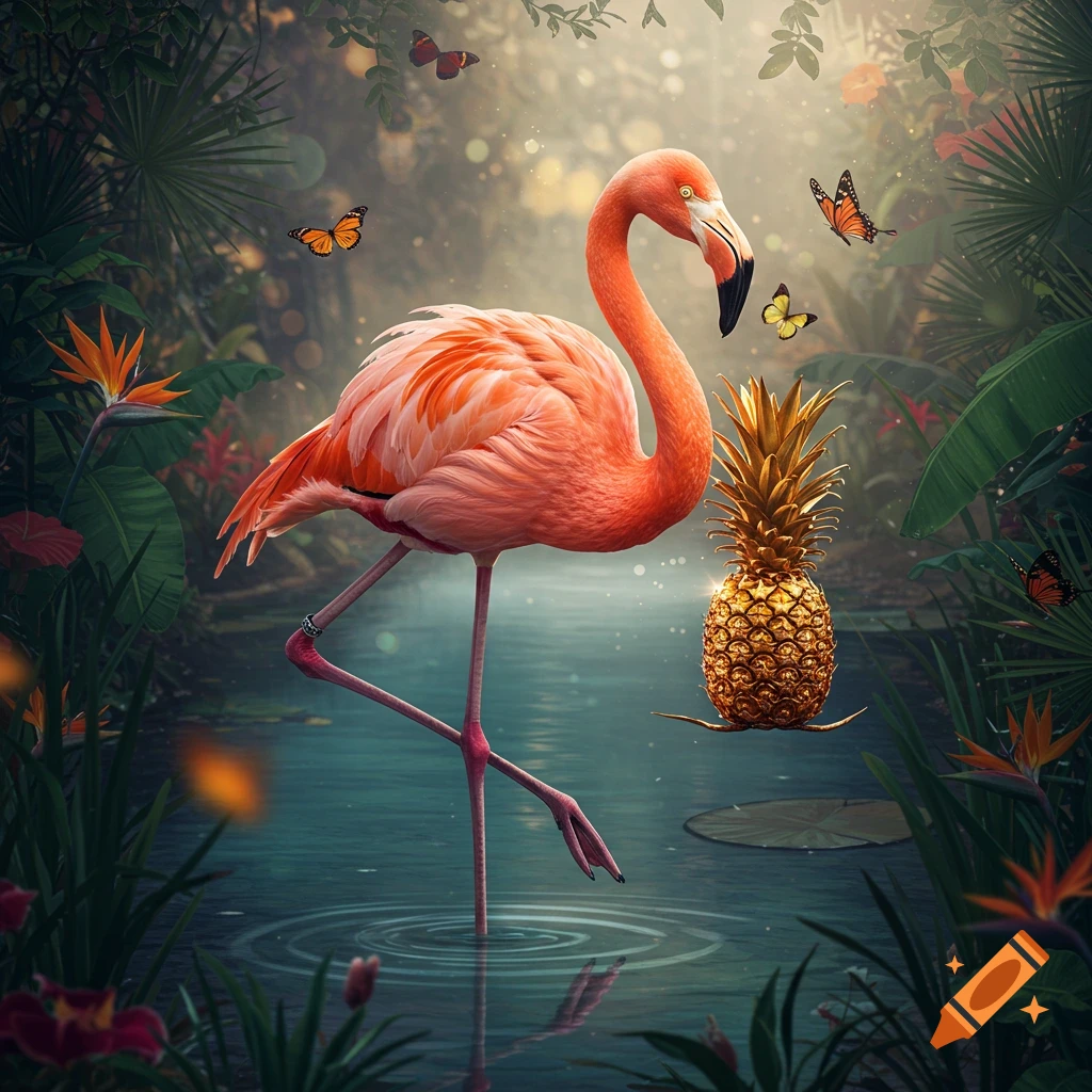 A vibrant pink flamingo stands in clear water amidst a lush tropical jungle, with a golden pineapple floating nearby and butterflies in the air.