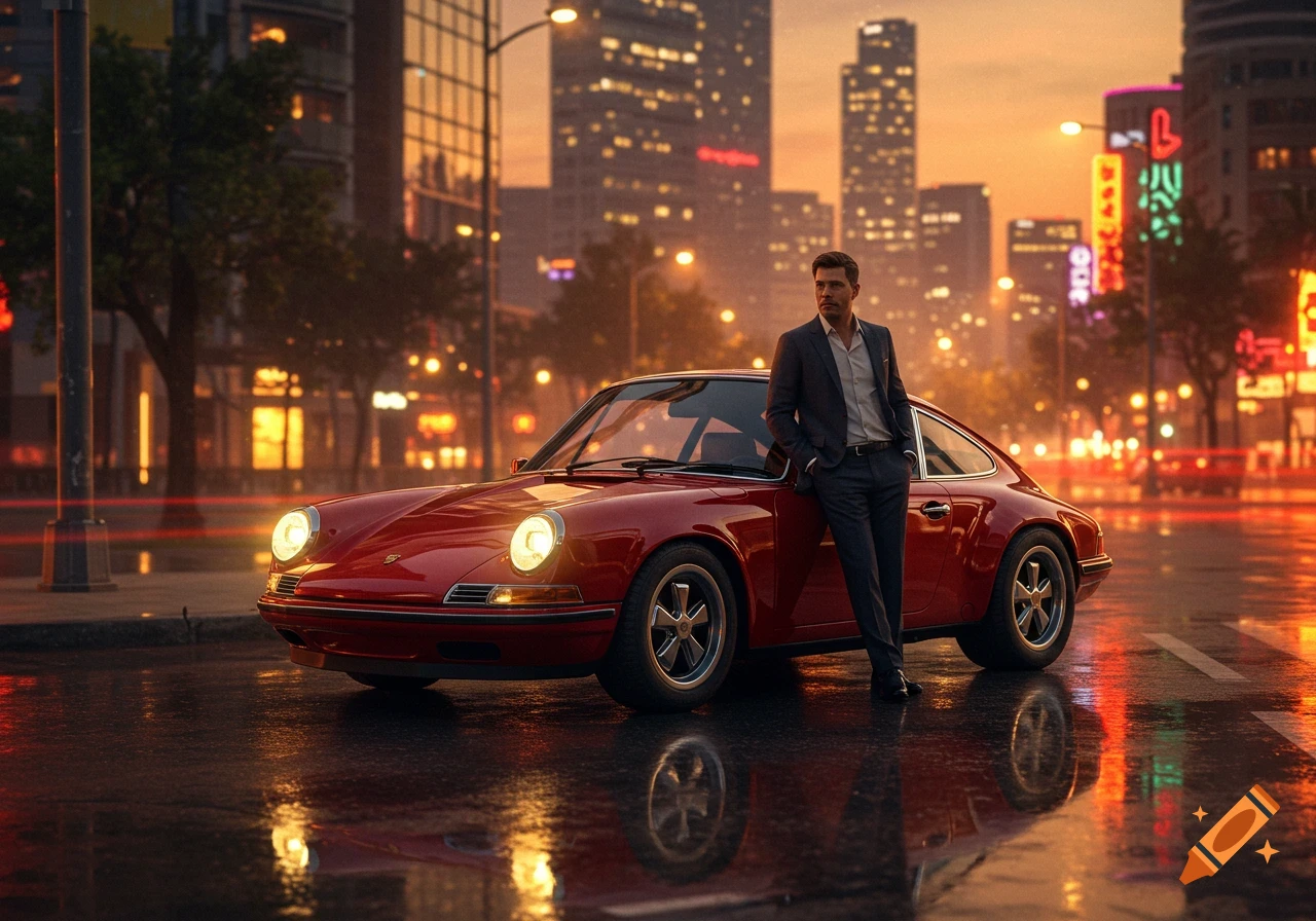 A man in a suit leans on a red vintage Porsche sports car on a wet city street at sunset, with illuminated buildings in the background.
