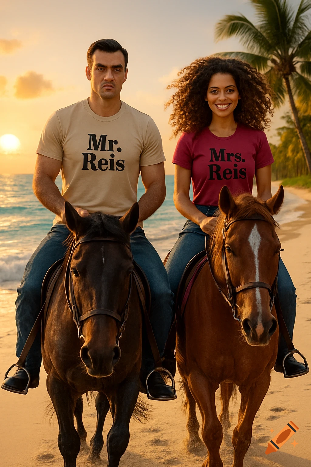 Photorealistic image of a man and woman riding horses on a beach at sunset, wearing Mr. and Mrs. Reis shirts.