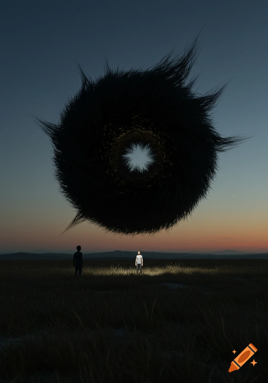 A giant black hairy void floats over a vast grassy field at dusk, observed by two small figures.