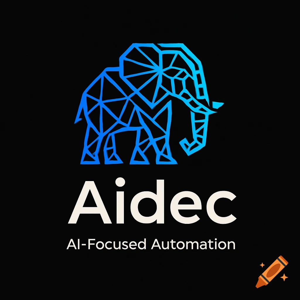 Geometric blue elephant logo with 'Aidec' and 'AI-Focused Automation' text on a black background.