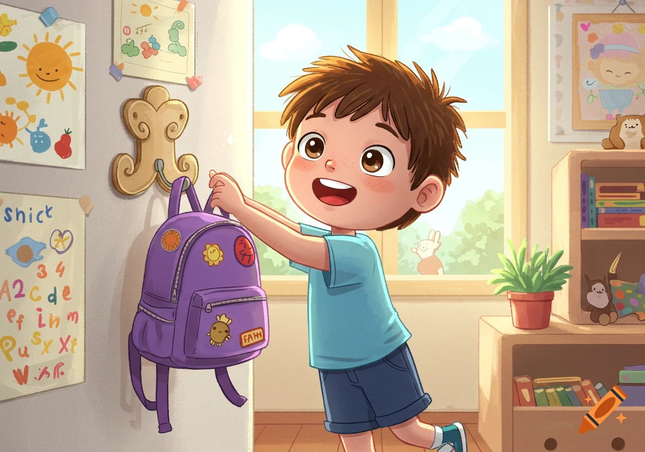 A smiling cartoon boy with brown hair hangs a purple backpack on a hook on a classroom wall, next to educational posters.