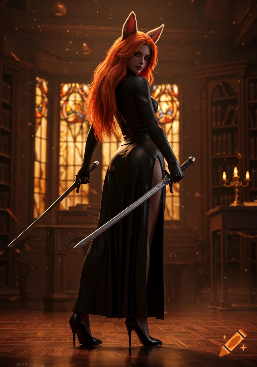 A photorealistic depiction of a female viera in a black dress, holding two swords, standing in a grand library with stained glass windows.
