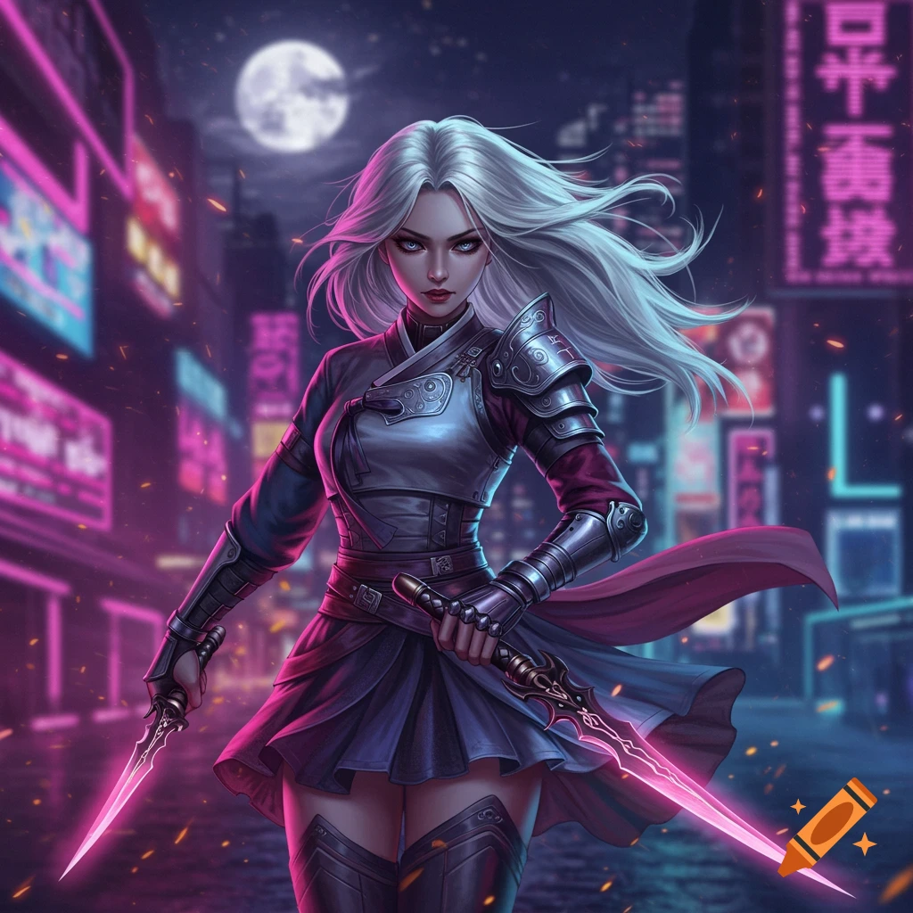 A white-haired female warrior in armor with glowing pink daggers stands on a neon-lit cyberpunk street under a full moon.