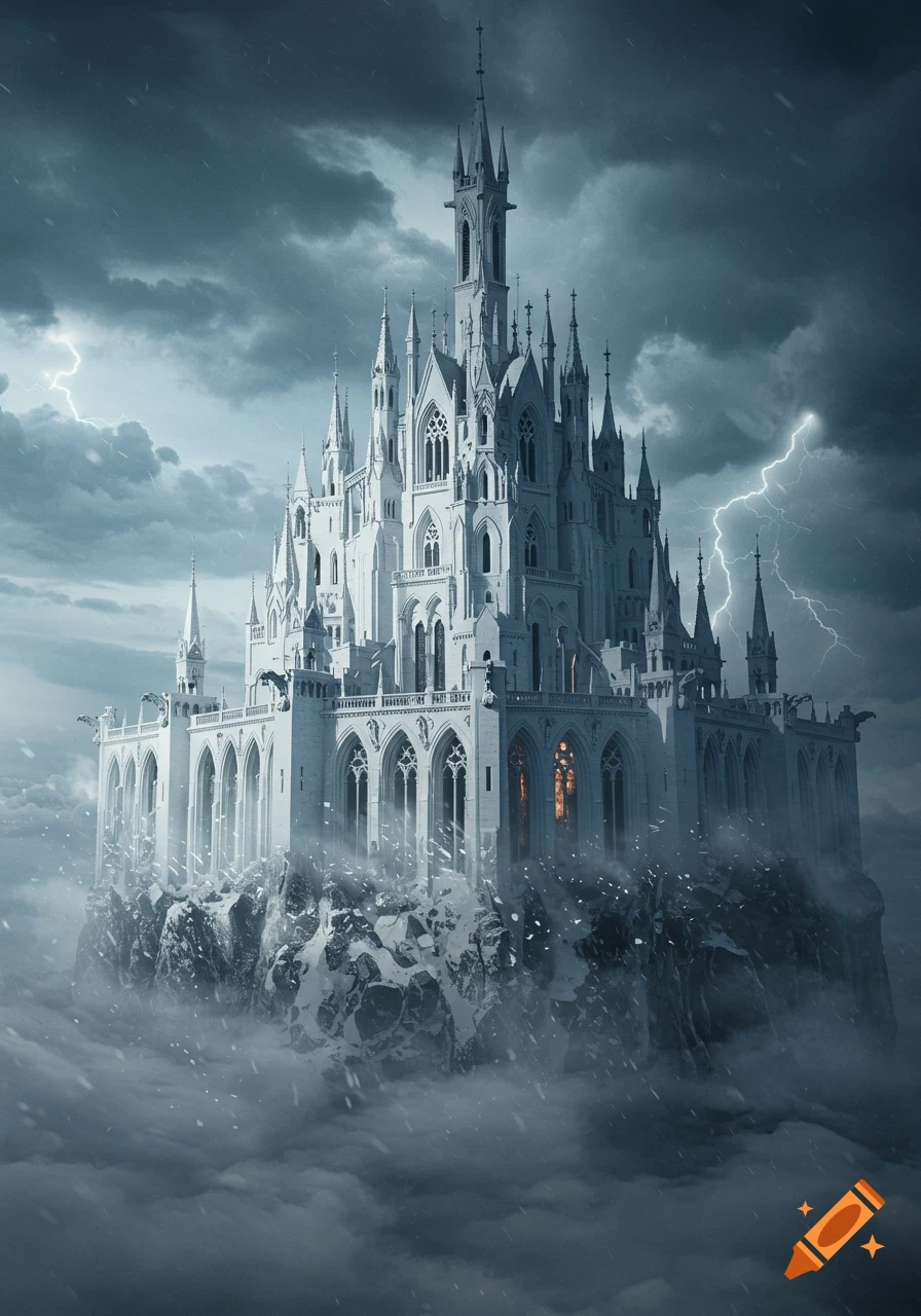 A massive white gothic castle stands on jagged rocks in a stormy, lightning-filled sky with falling snow and mist.