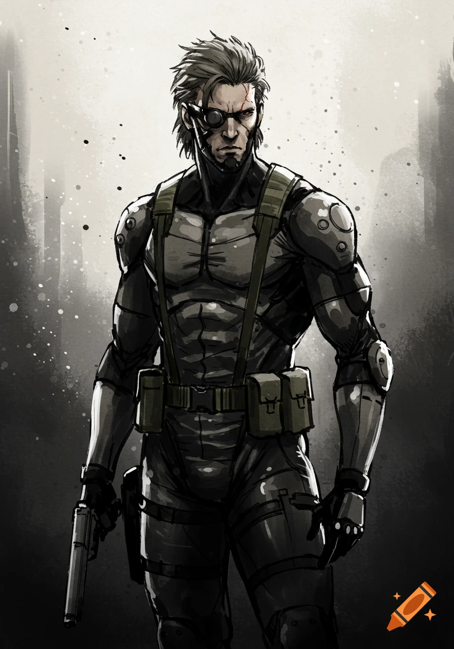 A male character in a tactical suit with an eye patch and scars, holding a pistol, in a high-contrast sumi-e style.