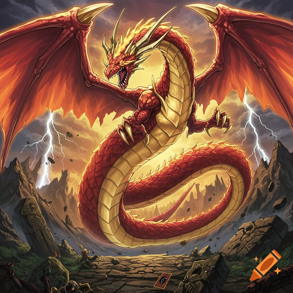 A majestic red and gold dragon with large wings hovers above a desolate, rocky landscape under a stormy sky with lightning, with a trading card lying on the ground.