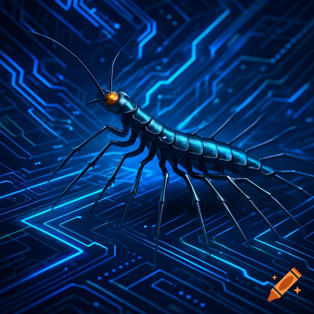 A metallic, teal centipede-like creature with glowing orange eyes stands on a dark blue circuit board.
