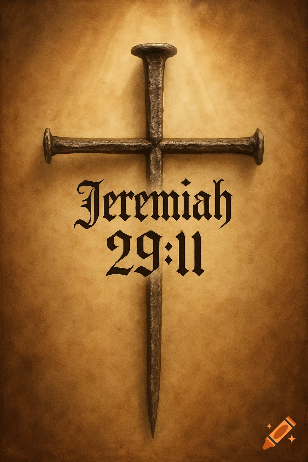 A cross formed by rusty nails with 'Jeremiah 29:11' in an old English font on an aged, textured background.