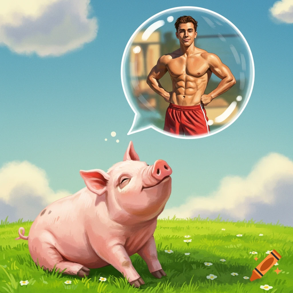 A cute pink cartoon pig sits on a grassy hill, dreaming of a shirtless muscular man in red shorts shown in a thought bubble above its head.