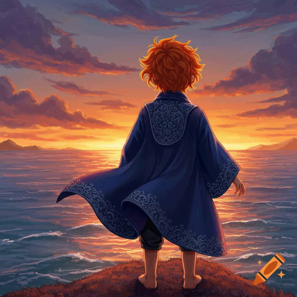 Digital art of an orange-haired boy in a blue robe standing on a cliff, watching the sunset over the ocean.