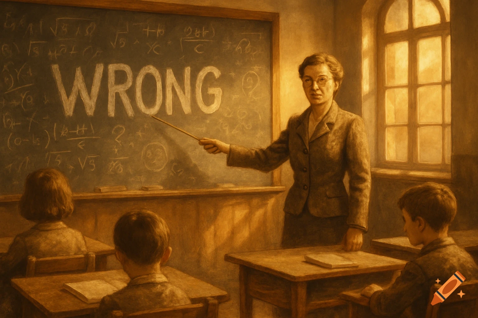 A vintage-style image of a teacher pointing at a chalkboard with the word 'WRONG' in a classroom.