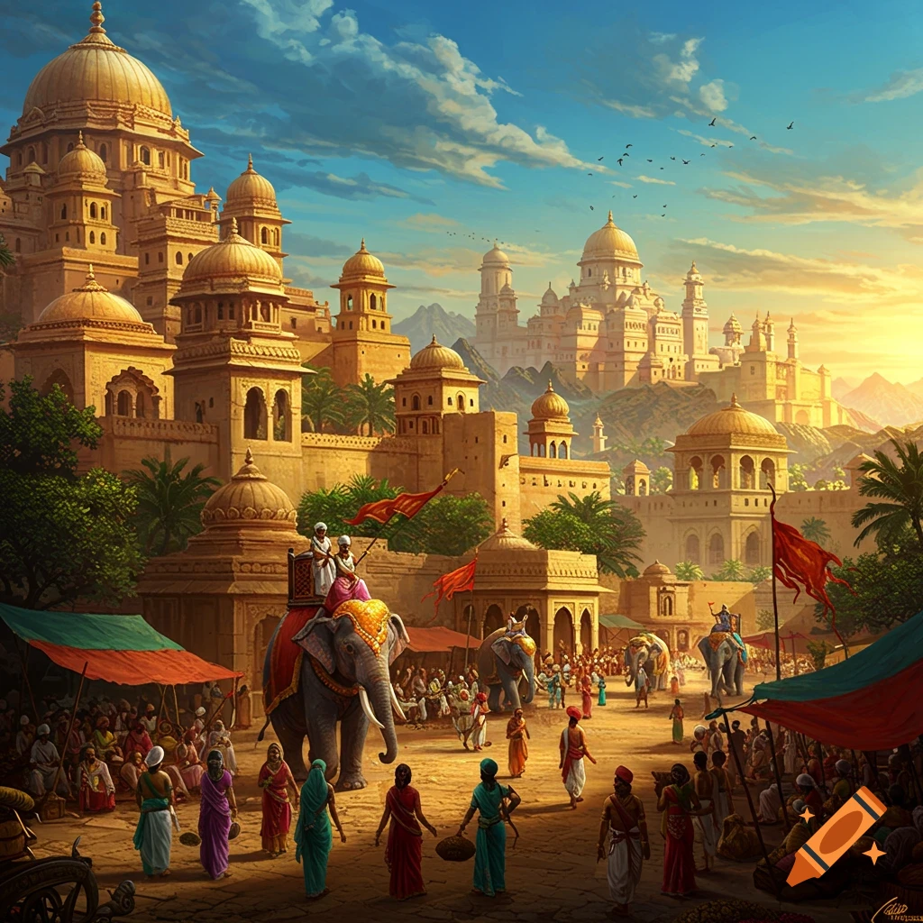 A vibrant painting of an ancient Indian kingdom city at sunset, with ornate buildings, bustling markets, people, and elephants.